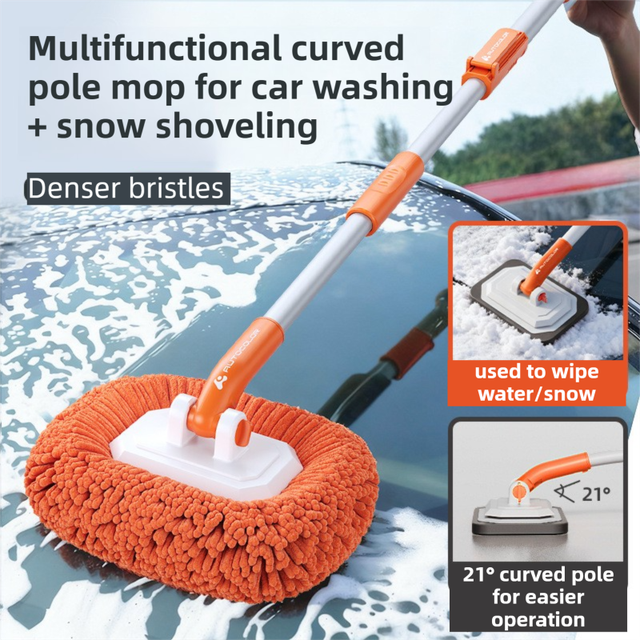 Orange 21° Curved Car Wash Mop and Snow Scraper with 180°Rotating Detachable Pole & 2 x Extra Large Microfiber Brush Cover – 3 Section Telescopic (58–118 CM) Aluminum Alloy Cleaning Brush for Vehicle and Home Care - Image 2