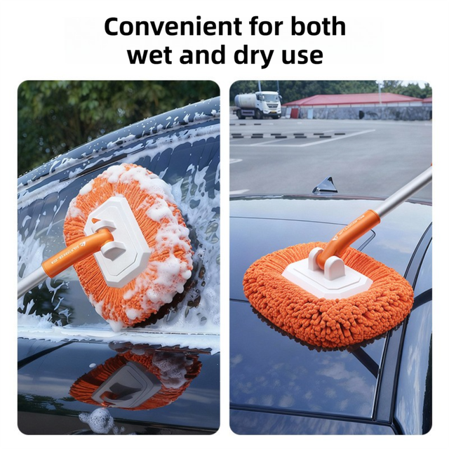 Orange 21° Curved Car Wash Mop and Snow Scraper with 180°Rotating Detachable Pole & 2 x Extra Large Microfiber Brush Cover – 3 Section Telescopic (58–118 CM) Aluminum Alloy Cleaning Brush for Vehicle and Home Care - Image 4