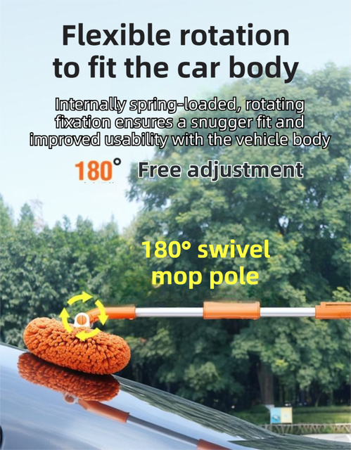 Orange 21° Curved Car Wash Mop and Snow Scraper with 180°Rotating Detachable Pole & 2 x Extra Large Microfiber Brush Cover – 3 Section Telescopic (58–118 CM) Aluminum Alloy Cleaning Brush for Vehicle and Home Care - Image 5