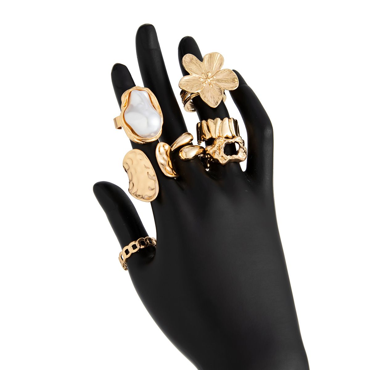 7-Piece Gold Liquid Lava Flower Stacking Open Rings Set with Imitation Pearls & Geometric Dripping Oil - Hollow Joint Knuckle Ring for Women - Image 4