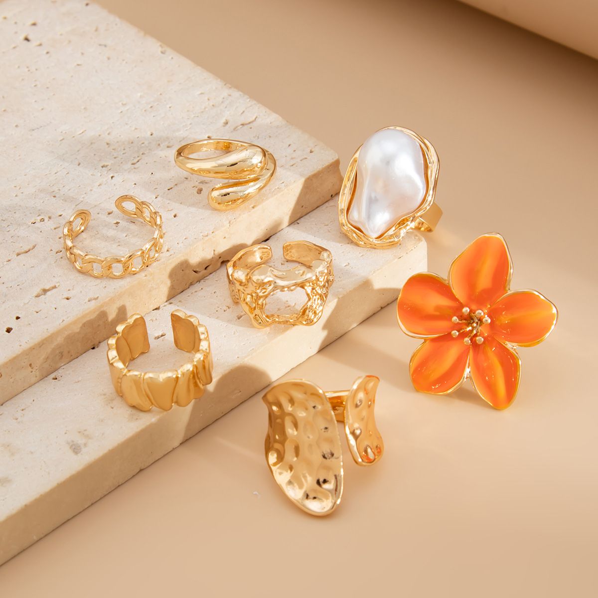 7-Piece Orange Liquid Lava Flower Stacking Open Rings Set with Imitation Pearls & Geometric Dripping Oil - Hollow Joint Knuckle Ring for Women - Image 2