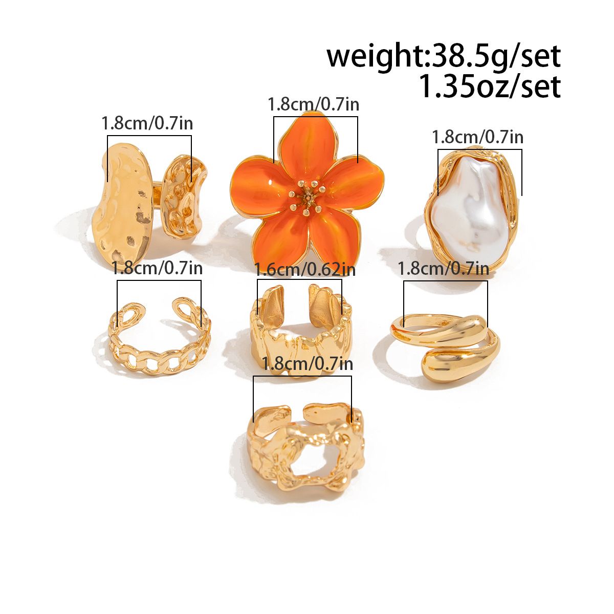 7-Piece Orange Liquid Lava Flower Stacking Open Rings Set with Imitation Pearls & Geometric Dripping Oil - Hollow Joint Knuckle Ring for Women - Image 3