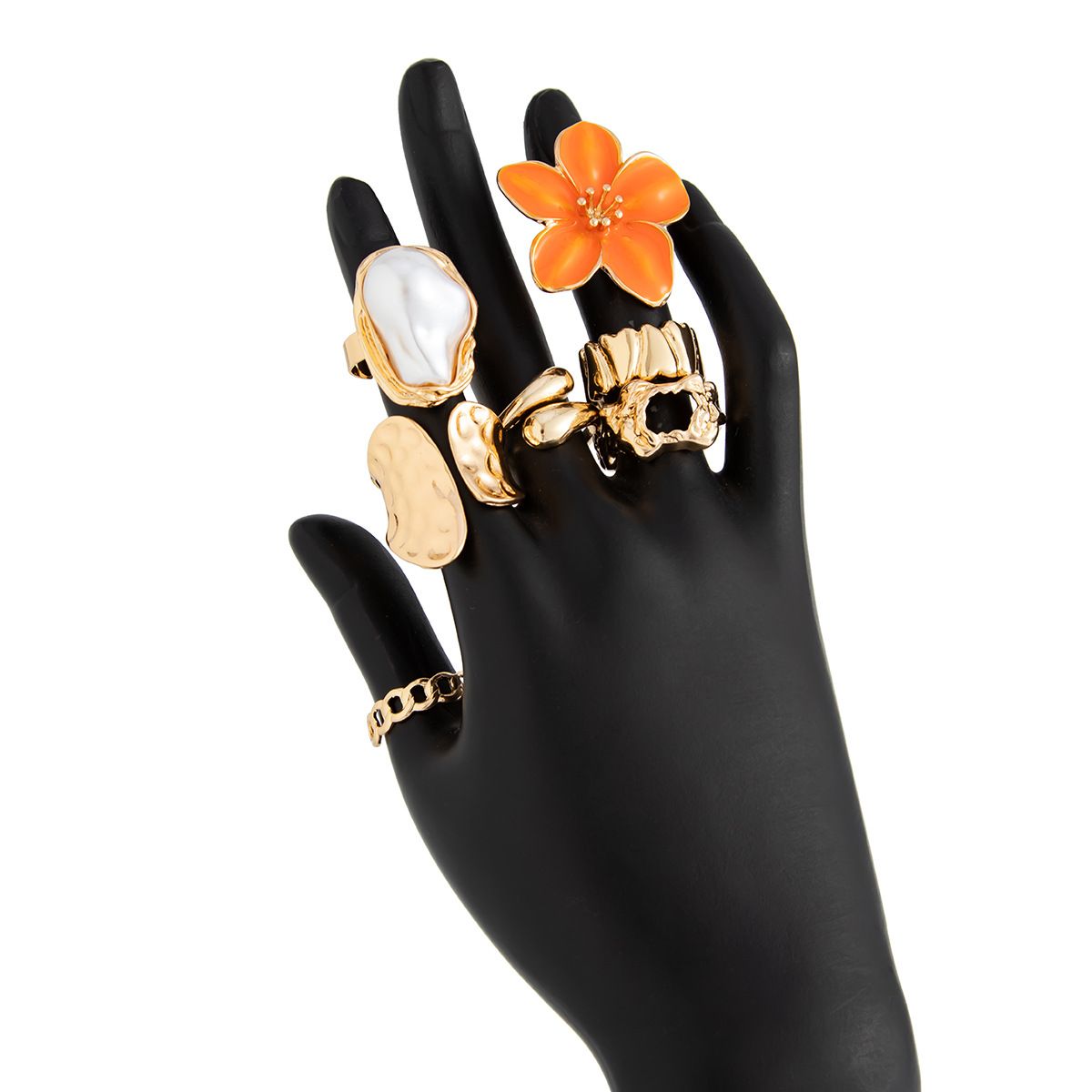 7-Piece Orange Liquid Lava Flower Stacking Open Rings Set with Imitation Pearls & Geometric Dripping Oil - Hollow Joint Knuckle Ring for Women - Image 4