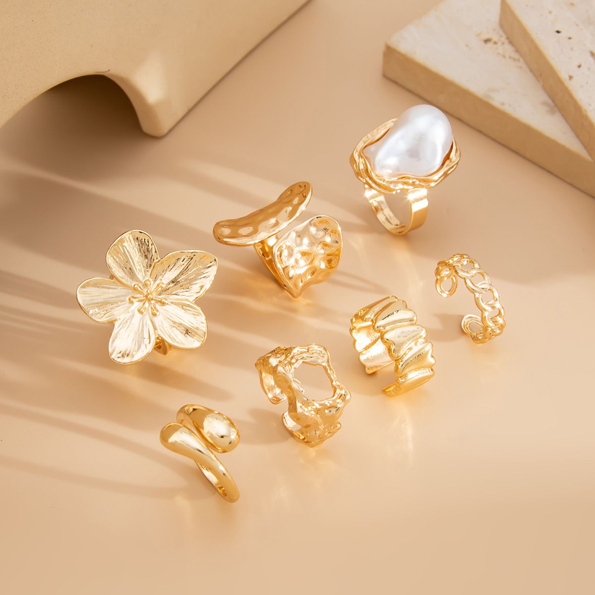 7-Piece White Liquid Lava Flower Stacking Open Rings Set with Imitation Pearls & Geometric Dripping Oil - Hollow Joint Knuckle Ring for Women - Image 2