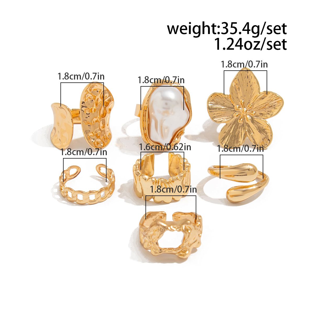 7-Piece White Liquid Lava Flower Stacking Open Rings Set with Imitation Pearls & Geometric Dripping Oil - Hollow Joint Knuckle Ring for Women - Image 3