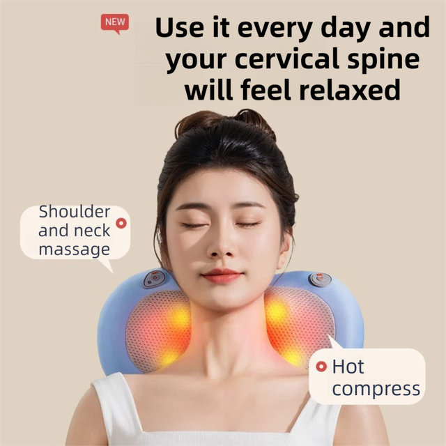 Blue Wireless Rechargeable Cervical & Lumbar Massager Pillow with 4 High/Low Massage Points, 42°C Constant Heat, 3 Speeds and Adjustable Strap – Multifunctional Shiatsu Back Massage Cushion for Neck Waist Shoulder Relief - Image 2