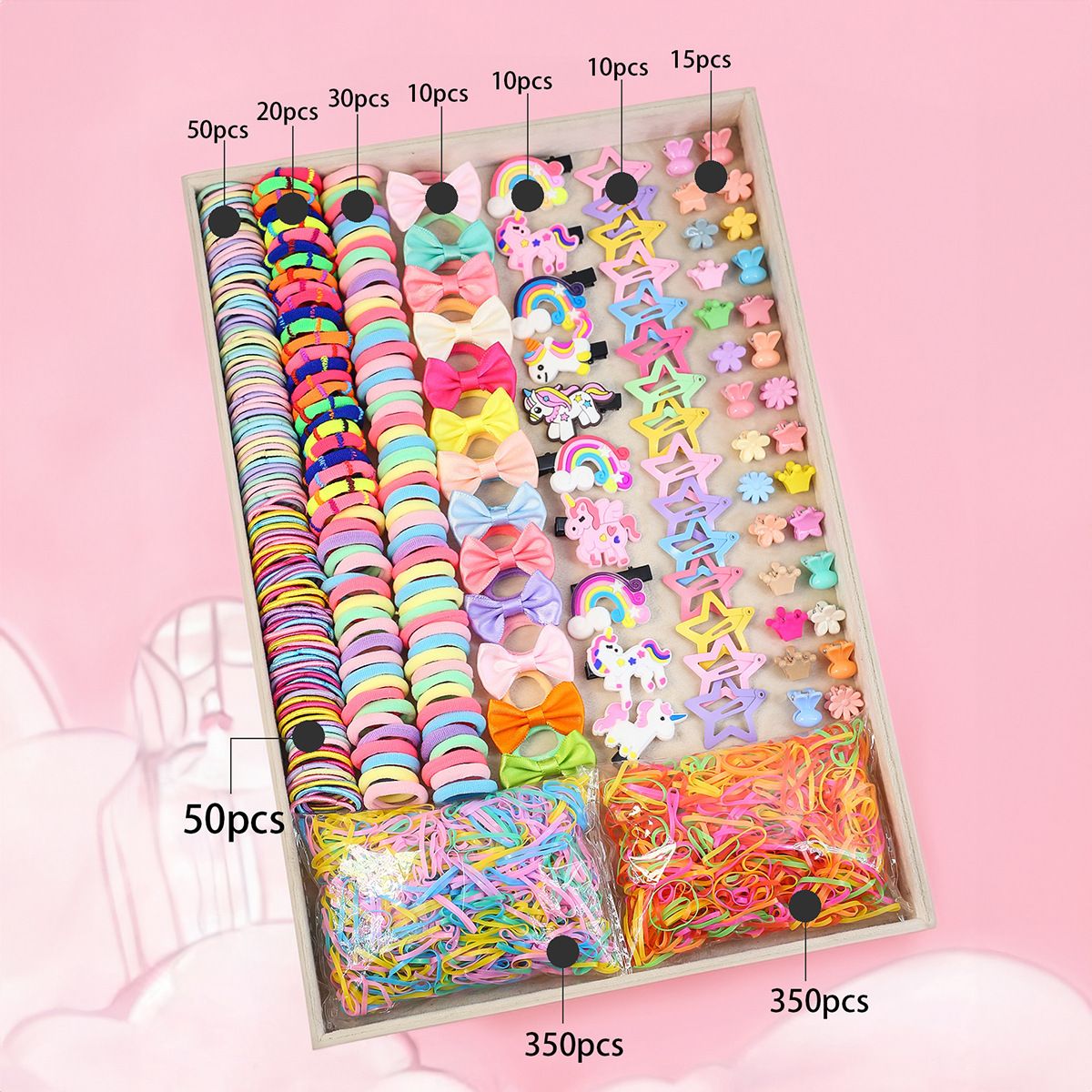 875-Piece Cute Hair Accessories Gift Set with Elastic Rubber Bands & Hair Clips Organizer Box - Perfect Gift for Girls - Image 4