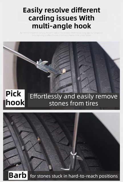 Multifunctional Car Tire Stone Remover Hook with Storage Bag, Zinc Alloy 4-Head Pick & Tire Brush – 28cm Stainless Steel Cleaning Tool Built-In Screwdriver and Emergency Window Breaker - Image 2