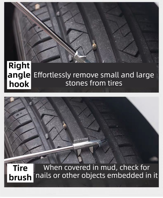 Multifunctional Car Tire Stone Remover Hook with Storage Bag, Zinc Alloy 4-Head Pick & Tire Brush – 28cm Stainless Steel Cleaning Tool Built-In Screwdriver and Emergency Window Breaker - Image 3
