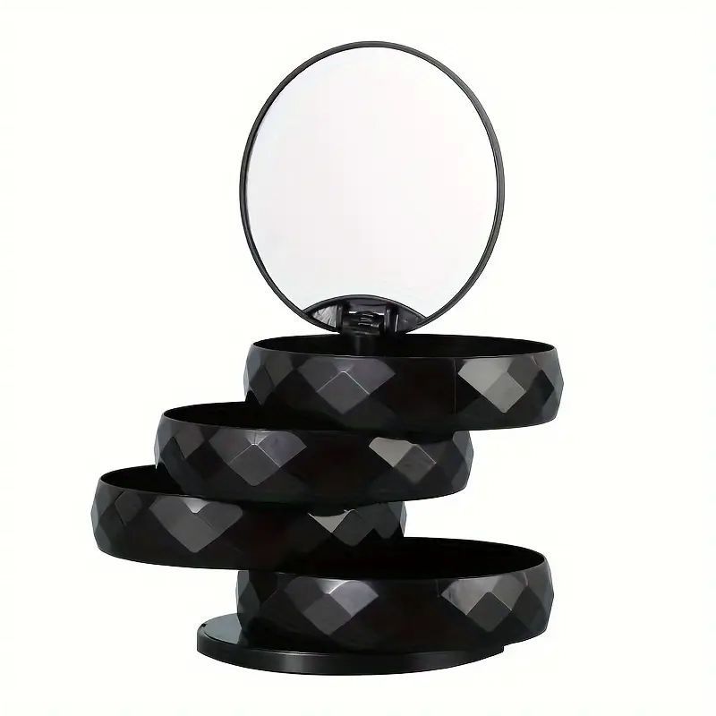 2-Pack 4-Tier Rotating Jewelry Organizer Box with Adjustable Mirror & Diamond Cut Design – Compact 360° Swivel Earring Stud Necklace Storage Box for Vanity Countertop, 10 x 10cm, Black - Image 1