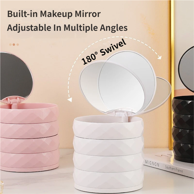 2-Pack 4-Tier Rotating Jewelry Organizer Box with Adjustable Mirror & Diamond Cut Design – Compact 360° Swivel Earring Stud Necklace Storage Box for Vanity Countertop, 10 x 10cm, Black - Image 3