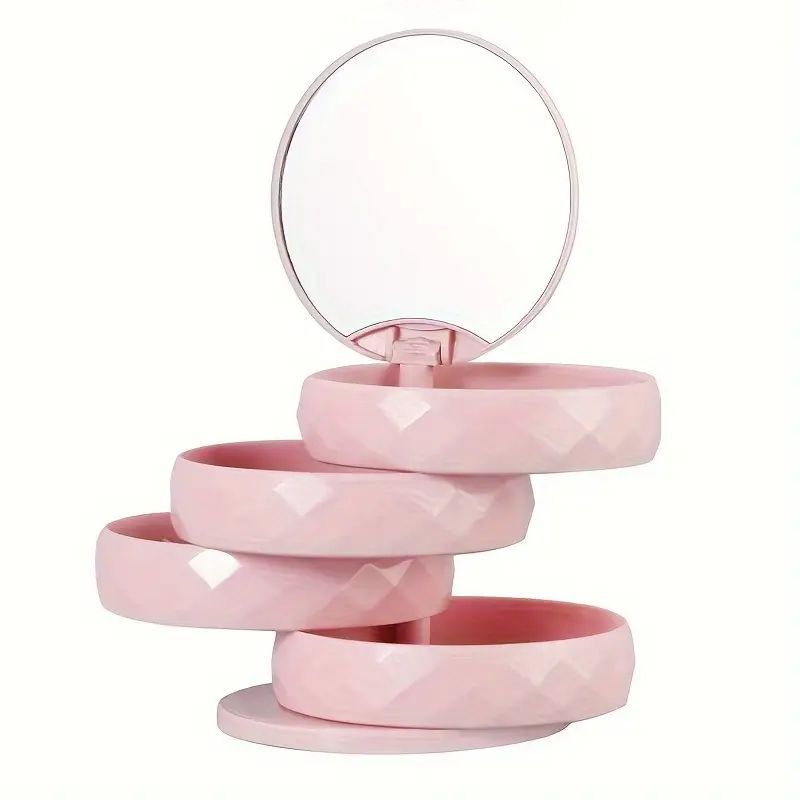 2-Pack 4-Tier Rotating Jewelry Organizer Box with Adjustable Mirror & Diamond Cut Design – Compact 360° Swivel Earring Stud Necklace Storage Box for Vanity Countertop, 10 x 10cm, Pink - Image 1