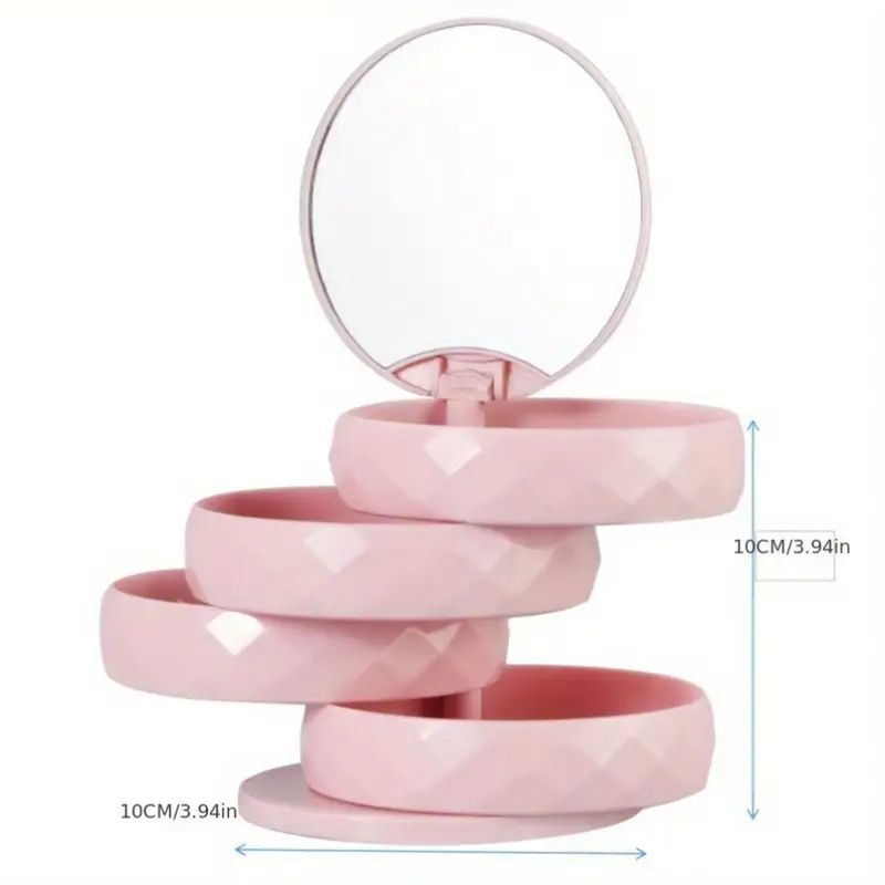 2-Pack 4-Tier Rotating Jewelry Organizer Box with Adjustable Mirror & Diamond Cut Design – Compact 360° Swivel Earring Stud Necklace Storage Box for Vanity Countertop, 10 x 10cm, Pink - Image 4