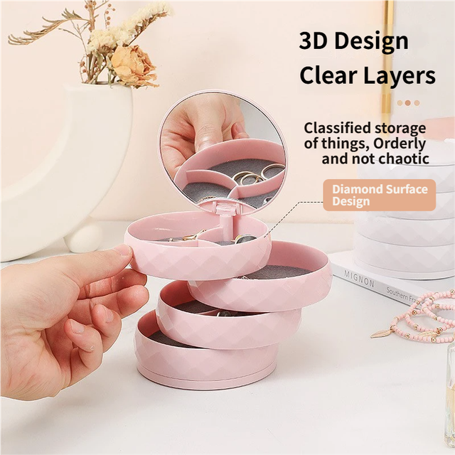2-Pack 4-Tier Rotating Jewelry Organizer Box with Adjustable Mirror & Diamond Cut Design – Compact 360° Swivel Earring Stud Necklace Storage Box for Vanity Countertop, 10 x 10cm, White - Image 2