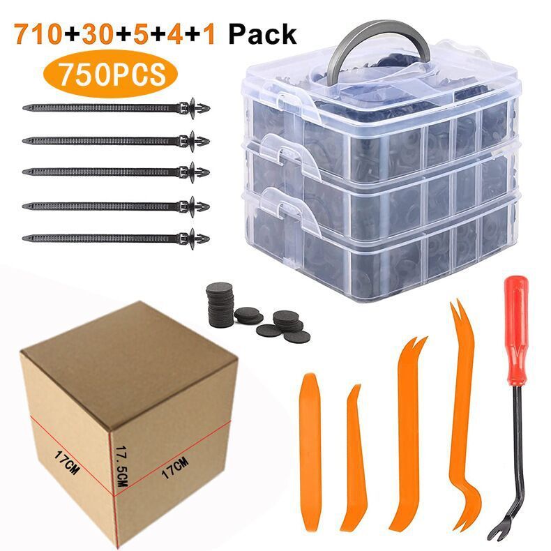 Boxed 710Pcs Heavy Duty Car Retainer Clips Kit with 4Pcs Fastener Removal Tools, 5Pcs Reusable Cable Ties and Metal Pliers  – 16 Most Popular Sizes Push Pin Rivets Assortment for Automotive Bumper Fender Side Skirt - Image 1