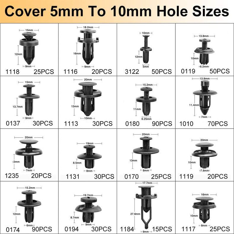 Boxed 710Pcs Heavy Duty Car Retainer Clips Kit with 4Pcs Fastener Removal Tools, 5Pcs Reusable Cable Ties and Metal Pliers  – 16 Most Popular Sizes Push Pin Rivets Assortment for Automotive Bumper Fender Side Skirt - Image 2