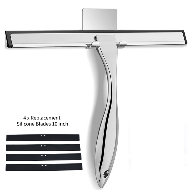 Silver Stainless Steel Glass Squeegee for Car Windshield & Countertop - 10 inch Hydrophobic Window Cleaner and Squeegee Blade with Adhesive Holder Hook & 4 Replacement Silicone Blades - Image 1