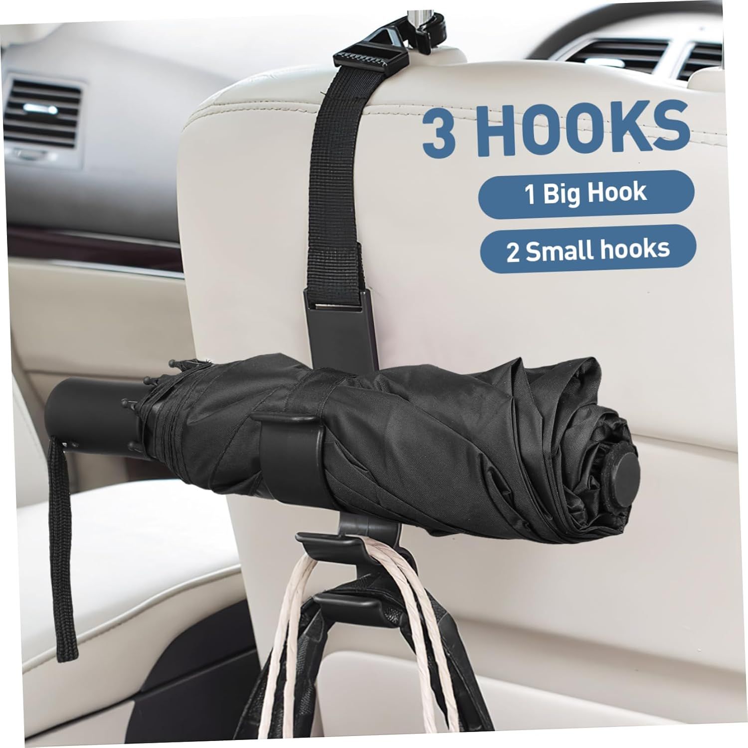2PCS Multifunctional Car Seat Back Triple Hooks Organizer for Purses Umbrellas Bags – Heavy Duty 15kg Easy Install Headrest Hangers for Car Interior Storage, Adjustable 23cm - Image 2