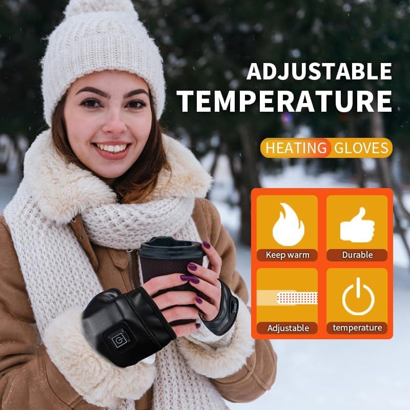 1 Pairs Wireless Electric 3 Levels Heated Fingerless Gloves  with Windproof Waterproof PU Leather, USB-C Rechargeable Outdoor Activities Hand Warmer for Men Women Riding Home Office - Image 3