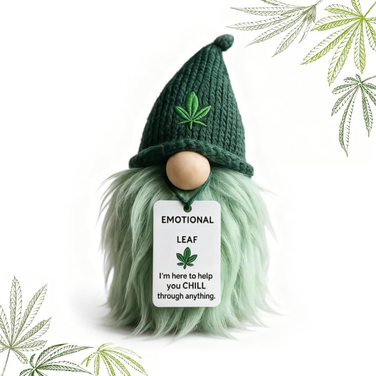 Emotional Support Weed Gnome Crocheted Doll – Handmade Knitted Plush Table Desktop Figurine with Beanie & Motivational Tag, Novelty Birthday Party Gift - Image 1