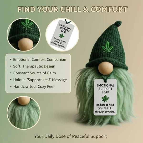 Emotional Support Weed Gnome Crocheted Doll – Handmade Knitted Plush Table Desktop Figurine with Beanie & Motivational Tag, Novelty Birthday Party Gift - Image 2