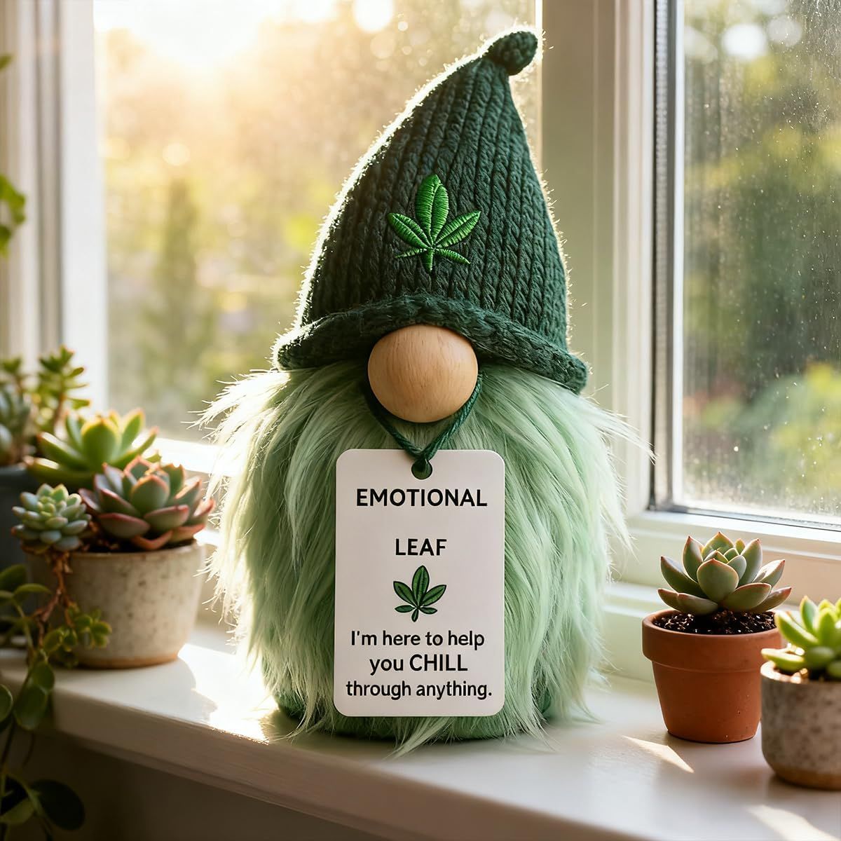 Emotional Support Weed Gnome Crocheted Doll – Handmade Knitted Plush Table Desktop Figurine with Beanie & Motivational Tag, Novelty Birthday Party Gift - Image 5