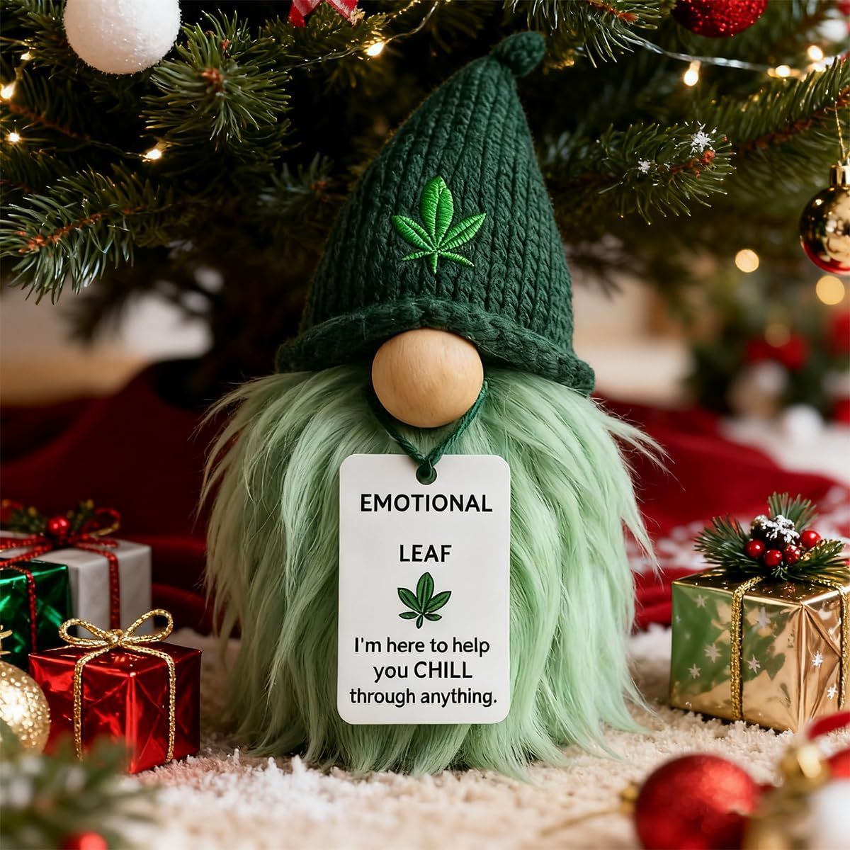 Emotional Support Weed Gnome Crocheted Doll – Handmade Knitted Plush Table Desktop Figurine with Beanie & Motivational Tag, Novelty Birthday Party Gift - Image 6