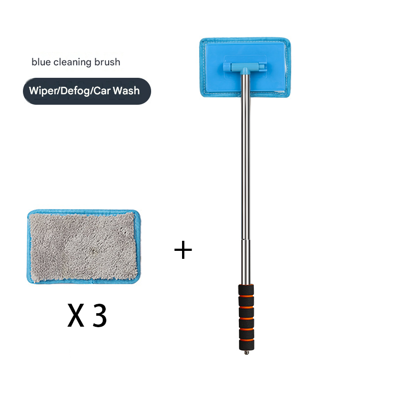 Blue Telescopic Car Windshield Cleaning Brush with 3 Replacement Microfiber- Aluminium Alloy Extendable Handle, 180° Rotatable Microfibre Head, Anti-Fog & Streak-Free Glass Wiper for Car & Home Use, Soft Grip Foam Handle - Image 1