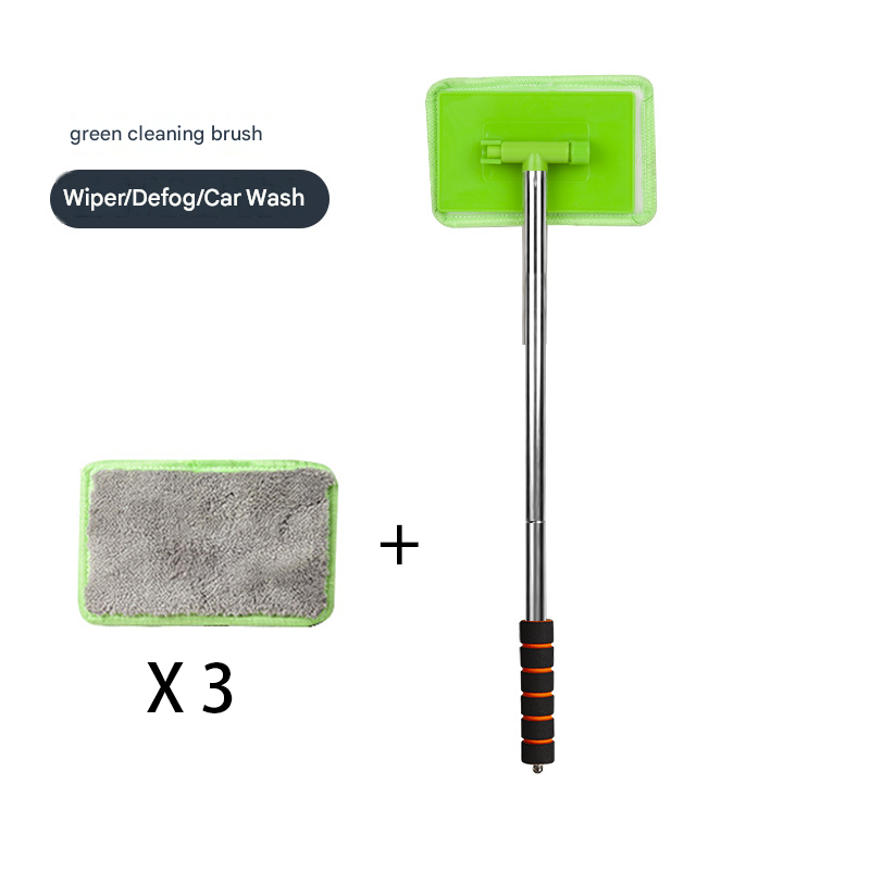 Green Telescopic Car Windshield Cleaning Brush with 3 Replacement Microfiber- Aluminium Alloy Extendable Handle, 180° Rotatable Microfibre Head, Anti-Fog & Streak-Free Glass Wiper for Car & Home Use, Soft Grip Foam Handle - Image 1