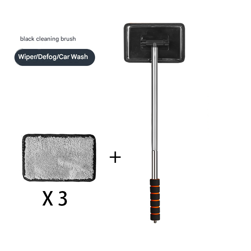 Black Telescopic Car Windshield Cleaning Brush with 3 Replacement Microfiber- Aluminium Alloy Extendable Handle, 180° Rotatable Microfibre Head, Anti-Fog & Streak-Free Glass Wiper for Car & Home Use, Soft Grip Foam Handle - Image 1