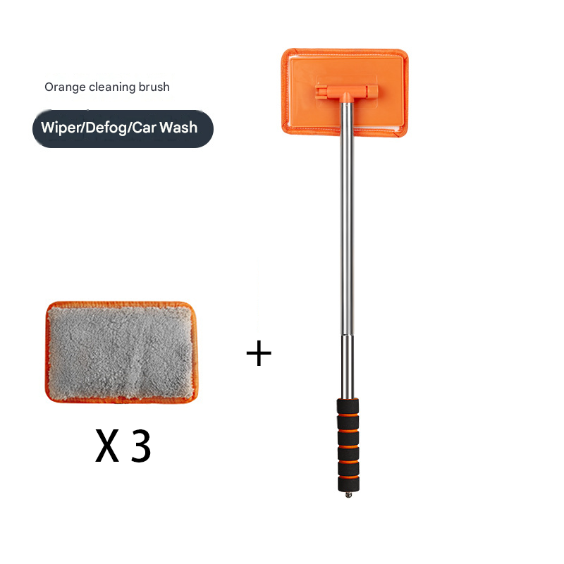 Orange Telescopic Car Windshield Cleaning Brush with 3 Replacement Microfiber- Aluminium Alloy Extendable Handle, 180° Rotatable Microfibre Head, Anti-Fog & Streak-Free Glass Wiper for Car & Home Use, Soft Grip Foam Handle - Image 1