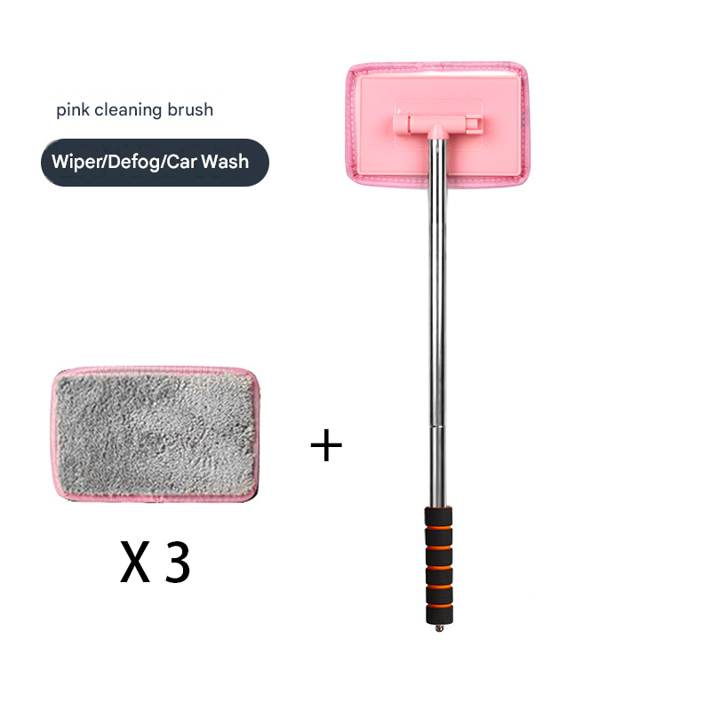Pink Telescopic Car Windshield Cleaning Brush with 3 Replacement Microfiber- Aluminium Alloy Extendable Handle, 180° Rotatable Microfibre Head, Anti-Fog & Streak-Free Glass Wiper for Car & Home Use, Soft Grip Foam Handle - Image 1