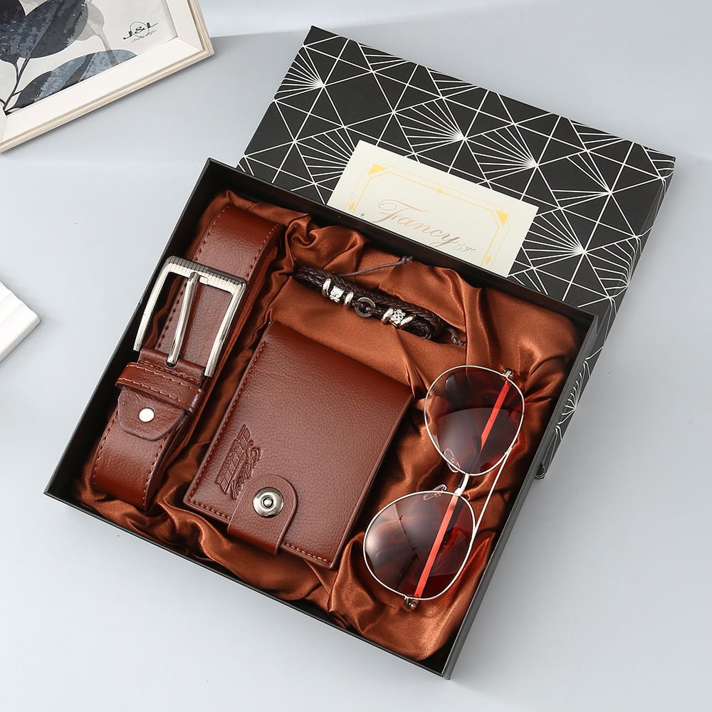 Brown 4-Piece Men's Gift Set - Leather Wallet, Belt, Sunglasses & Bracelet in Luxury Gift Box - Perfect for Father's Day, Birthday, Christmas, Valentine's Day, Anniversary, Graduation, Retirement - Stylish & Practical Gift for Him - Image 1