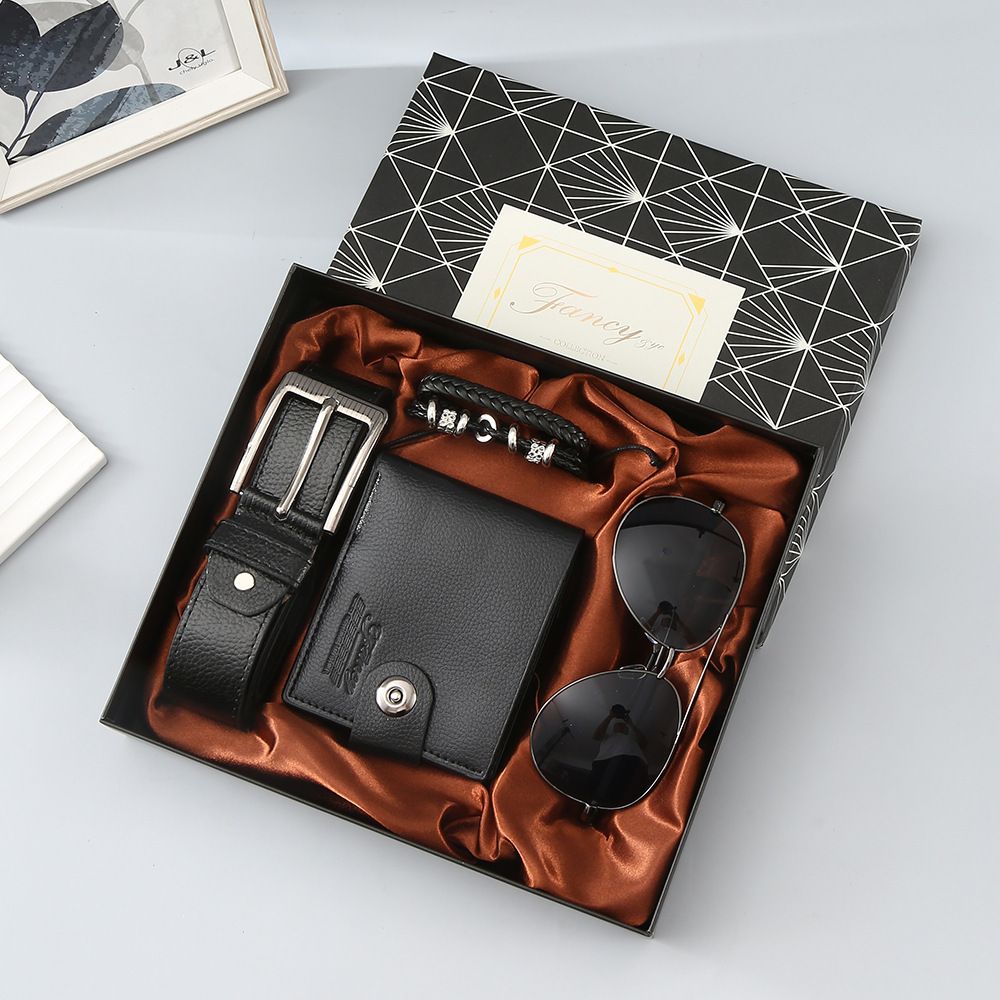 Black 4-Piece Men's Gift Set - Leather Wallet, Belt, Sunglasses & Bracelet in Luxury Gift Box - Perfect for Father's Day, Birthday, Christmas, Valentine's Day, Anniversary, Graduation, Retirement - Stylish & Practical Gift for Him - Image 1