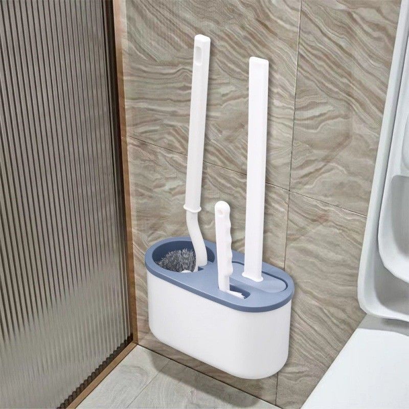 Blue Toilet Brush Set with Holder - 3-in-1 Wall Mounted Bathroom Cleaning Kit, TPR Soft Bristle & 360° Globe Brush, No-Drill Adhesive Base, Space Saving Design for Home, Apartment, Rental - Image 1