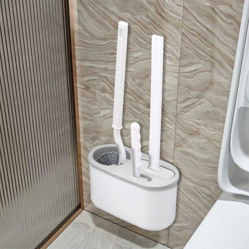 White Toilet Brush Set with Holder - 3-in-1 Wall Mounted Bathroom Cleaning Kit, TPR Soft Bristle & 360° Globe Brush, No-Drill Adhesive Base, Space Saving Design for Home, Apartment, Rental - Image 1