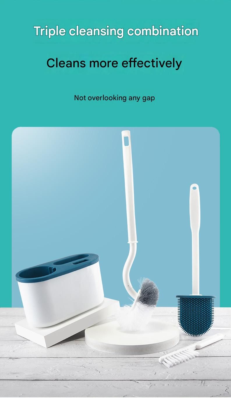 White Toilet Brush Set with Holder - 3-in-1 Wall Mounted Bathroom Cleaning Kit, TPR Soft Bristle & 360° Globe Brush, No-Drill Adhesive Base, Space Saving Design for Home, Apartment, Rental - Image 3