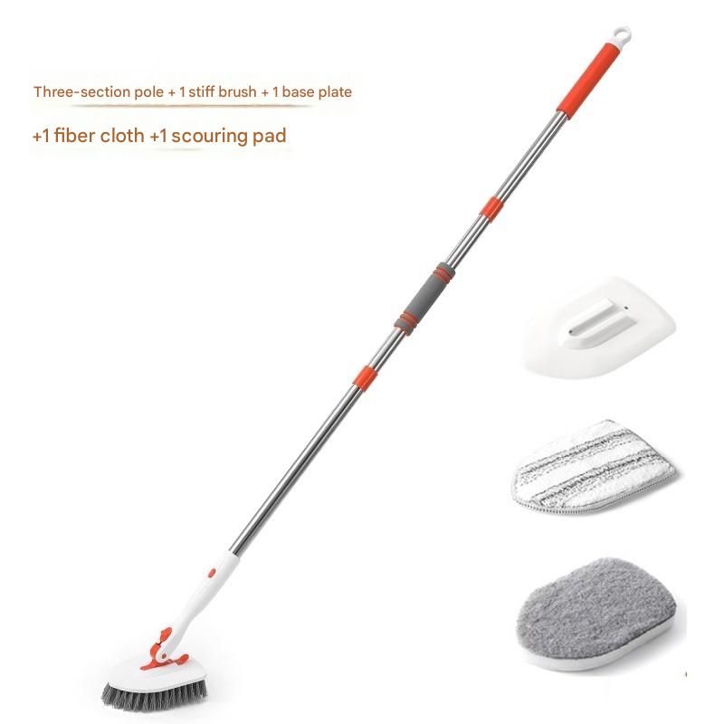 5-piece(Three-section pole+stiff brush+ base plate+fiber cloth+scouring pad) Long Handle Bathroom Floor Scrub Brush  - 180° Rotating Angle, Stainless Steel Pole, Corner Cleaning Design for Tiles, Grout, Bathtub, Shower - Heavy Duty Cleaning Tool - Image 1