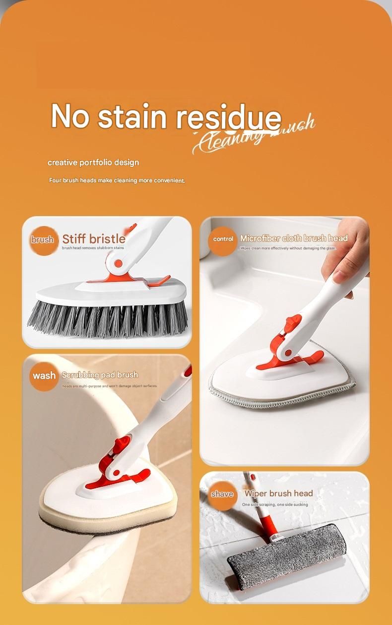 5-piece(Three-section pole+stiff brush+ base plate+fiber cloth+scouring pad) Long Handle Bathroom Floor Scrub Brush  - 180° Rotating Angle, Stainless Steel Pole, Corner Cleaning Design for Tiles, Grout, Bathtub, Shower - Heavy Duty Cleaning Tool - Image 5