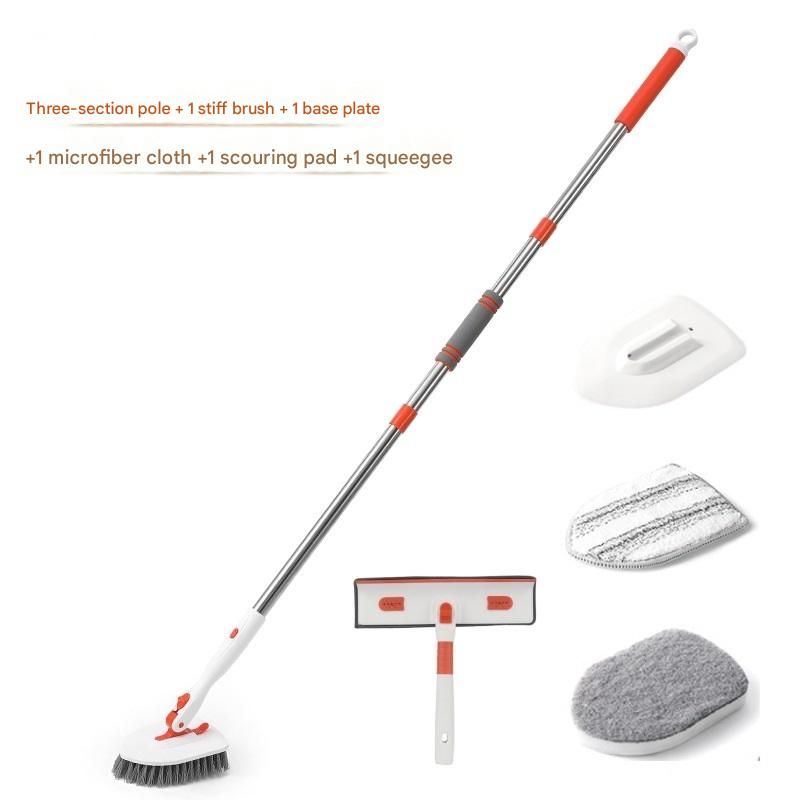 6-piece(Three-section pole+stiff brush+base plate+microfiber cloth + scouring pad+ squeegee) Long Handle Bathroom Floor Scrub Brush  - 180° Rotating Angle, Stainless Steel Pole, Corner Cleaning Design for Tiles, Grout, Bathtub, Shower - Heavy Duty Cleanin - Image 1