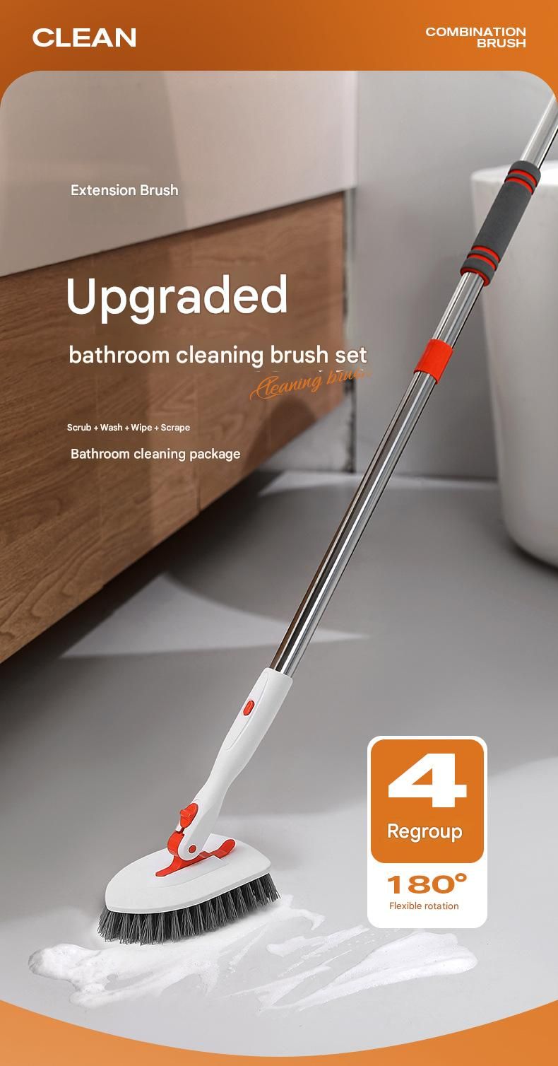 6-piece(Three-section pole+stiff brush+base plate+microfiber cloth + scouring pad+ squeegee) Long Handle Bathroom Floor Scrub Brush  - 180° Rotating Angle, Stainless Steel Pole, Corner Cleaning Design for Tiles, Grout, Bathtub, Shower - Heavy Duty Cleanin - Image 2