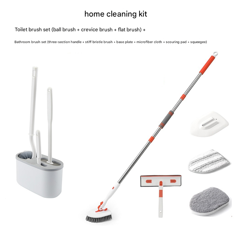 9-piece White and Orange Complete Home Cleaning Brush Set - Stainless Steel Telescopic Bathroom Scrubber and Wall Mounted Silicone Toilet Brush Kit with Multiple Replaceable Heads for Deep Cleaning Tiles, Floors, and Toilets - Image 1