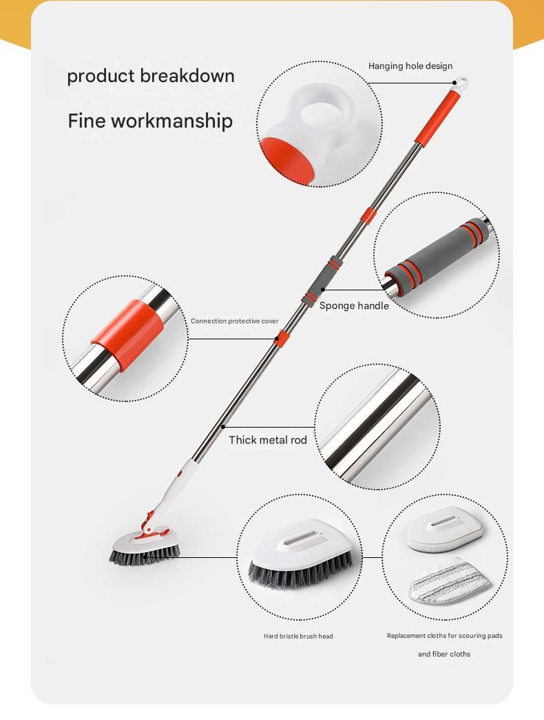 9-piece White and Orange Complete Home Cleaning Brush Set - Stainless Steel Telescopic Bathroom Scrubber and Wall Mounted Silicone Toilet Brush Kit with Multiple Replaceable Heads for Deep Cleaning Tiles, Floors, and Toilets - Image 6