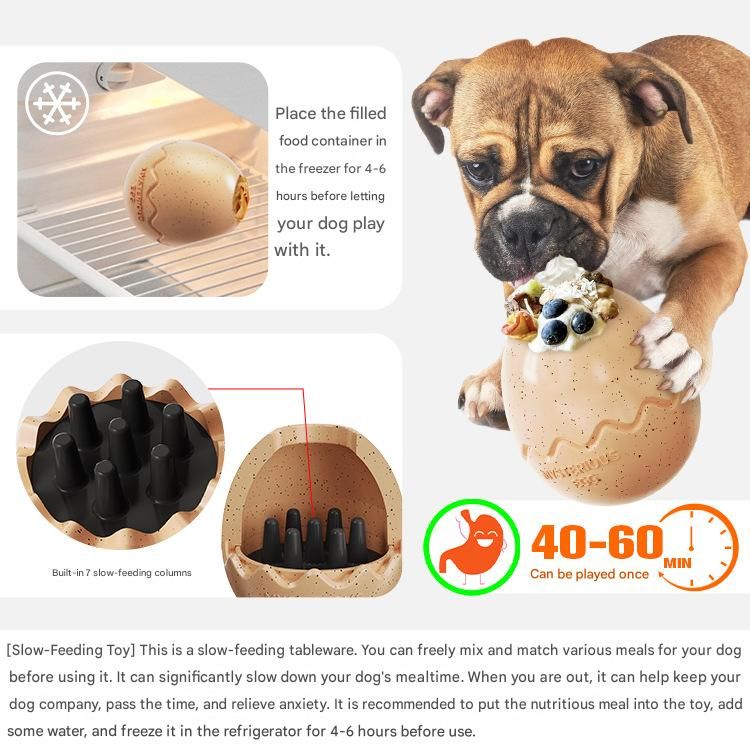 2-piece Brown Dinosaur Egg Dog Slow Feeder Toy Set with Cleaning Brush - TPR Interactive Treat Dispenser for Mental Stimulation, Anxiety Relief and Healthy Digestion - Includes Extendable Brush for Easy Cleaning - Image 3