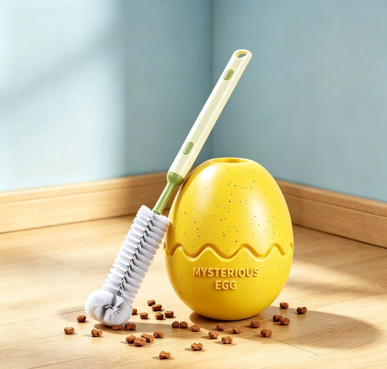 2-piece Yellow Dinosaur Egg Dog Slow Feeder Toy Set with Cleaning Brush - TPR Interactive Treat Dispenser for Mental Stimulation, Anxiety Relief and Healthy Digestion - Includes Extendable Brush for Easy Cleaning - Image 1