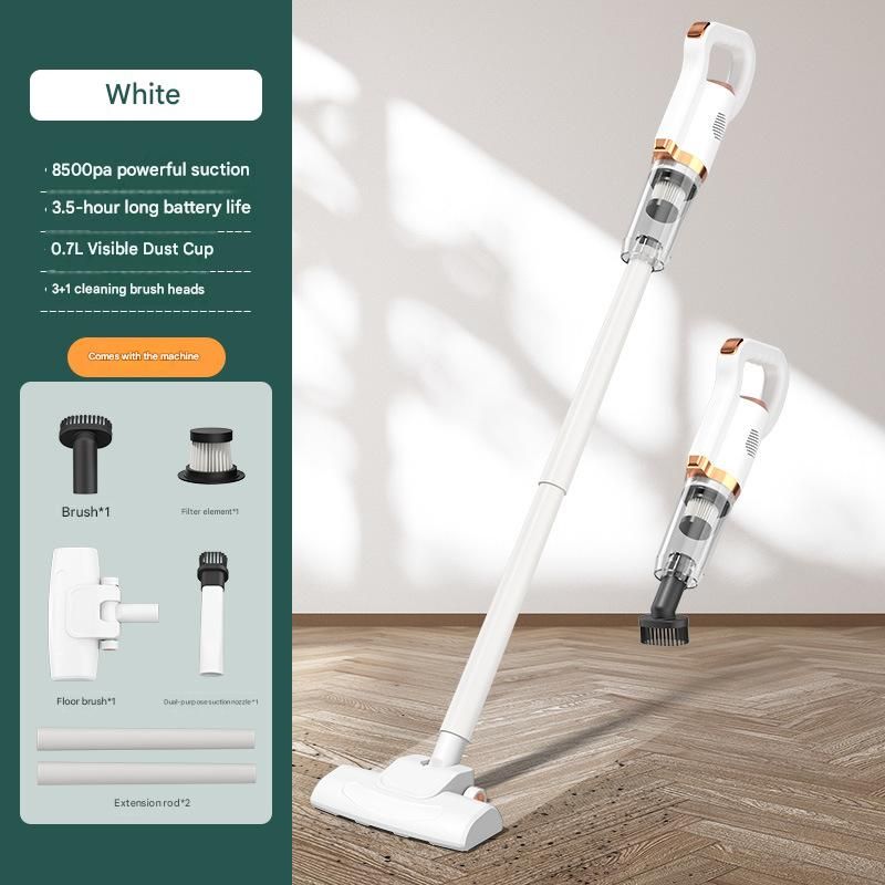 White Cordless Handheld Vacuum Cleaner - 8500Pa Powerful Suction, 700mL Dust Cup, USB Rechargeable with 2000mAh Battery, 3 Brush Heads, 2 Extension Rods, Lightweight Stick Vacuum for Home, Car, Pet Hair, Carpet and Hardwood Floor Cleaning - Image 1
