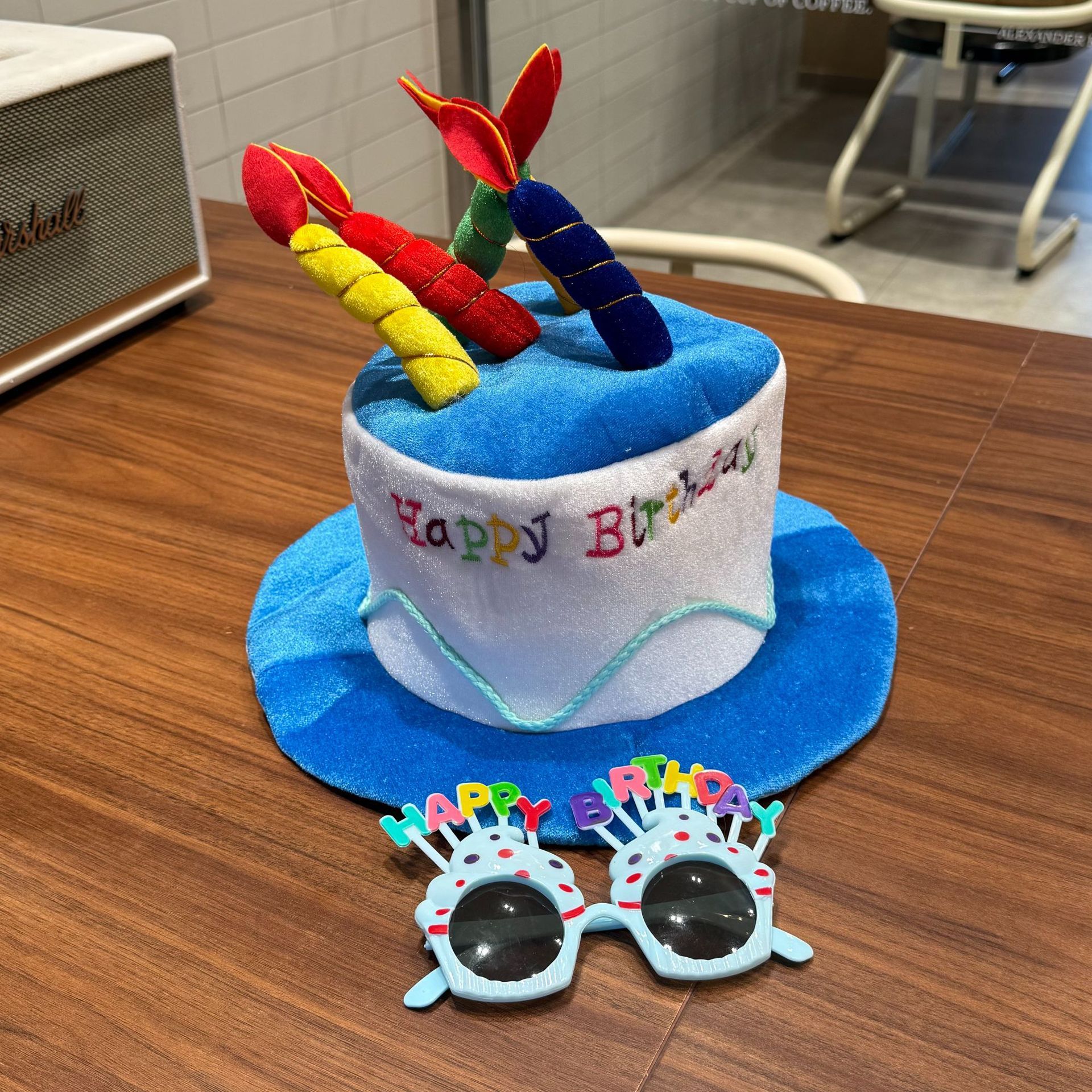 2-piece Blue Plush Birthday Cake Hat Set - Novelty Party Accessory with Matching Glasses, Fun Photo Prop for Adults and Kids - Image 1