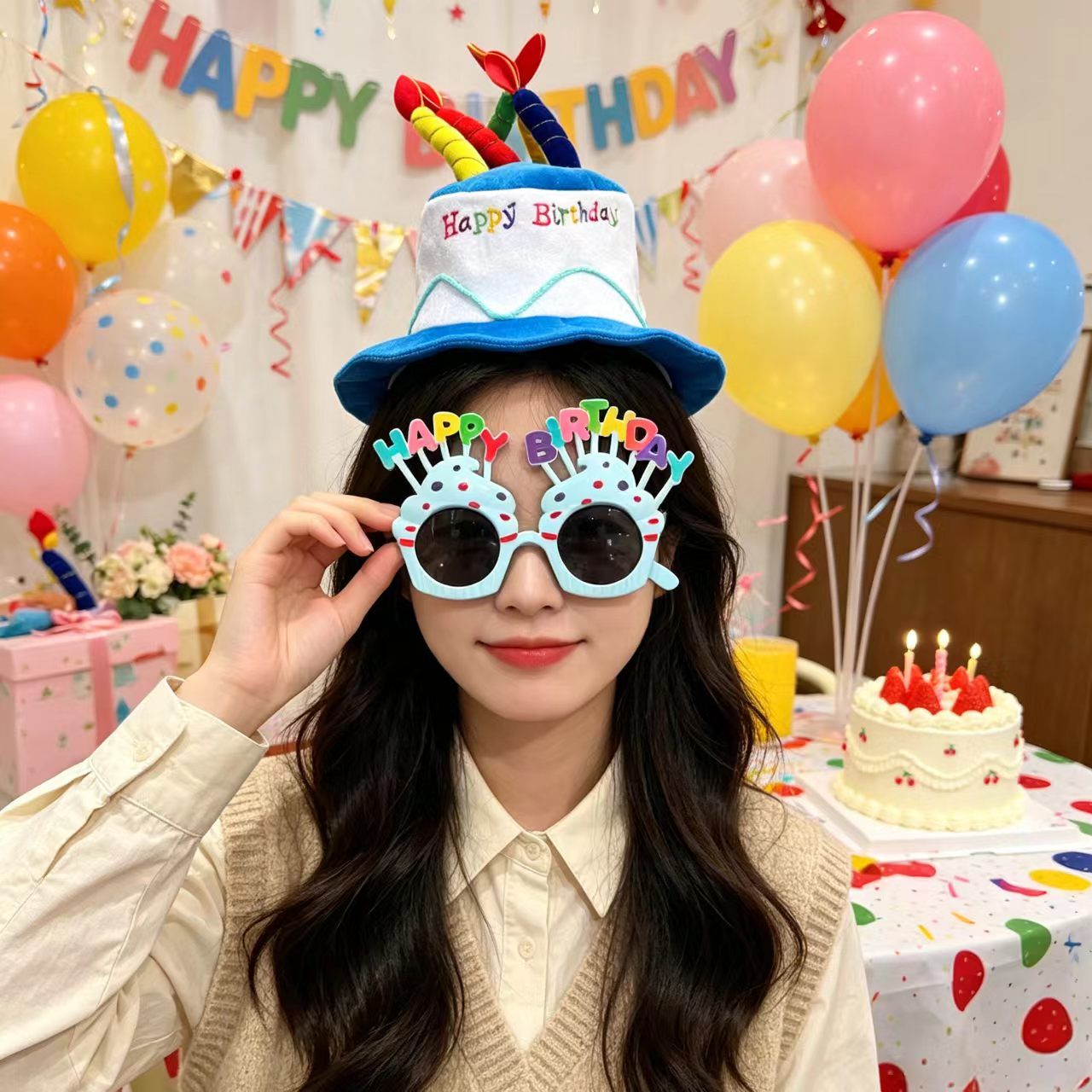 2-piece Blue Plush Birthday Cake Hat Set - Novelty Party Accessory with Matching Glasses, Fun Photo Prop for Adults and Kids - Image 6