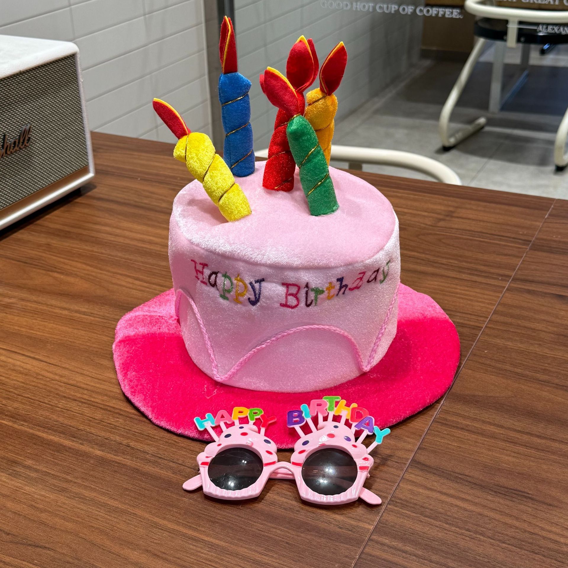 2-piece Pink Plush Birthday Cake Hat Set - Novelty Party Accessory with Matching Glasses, Fun Photo Prop for Adults and Kids - Image 1