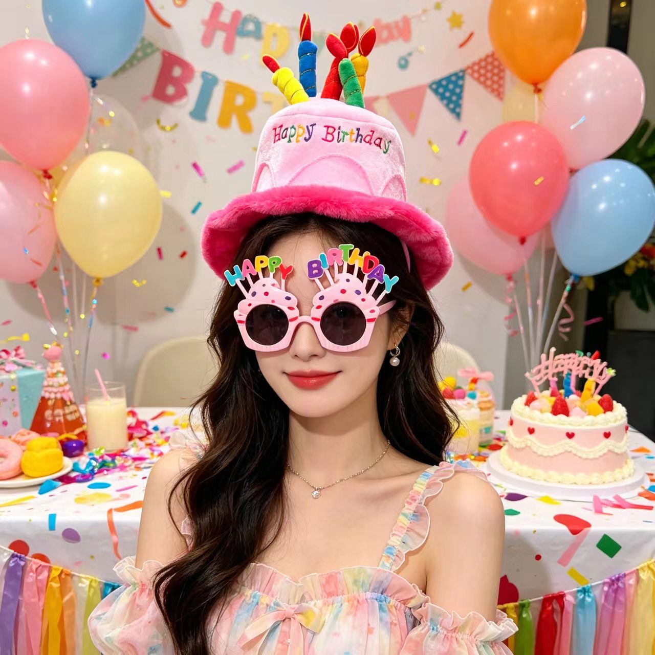 2-piece Pink Plush Birthday Cake Hat Set - Novelty Party Accessory with Matching Glasses, Fun Photo Prop for Adults and Kids - Image 6